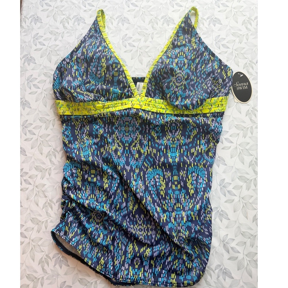 Soma Swim Porto Tile V-Neck Tankini Top Padded Ruched Navy Lime Size 8 NEW